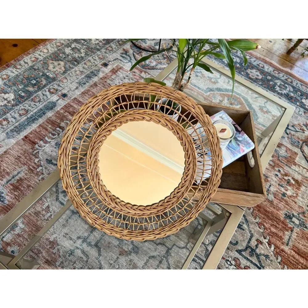 Vintage French Rattan Bamboo Pineapple Mirror 60s Natural Handmade Chic Boho